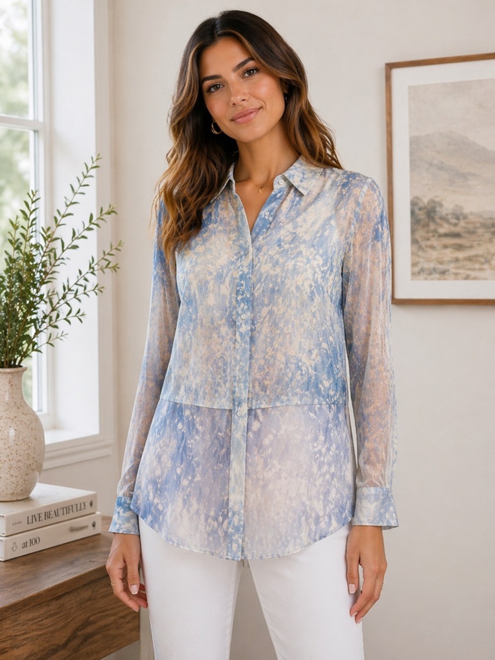 Elie Tahari 100% Silk Blue Green Button down Sheer Long Sleeves Shirt Small
